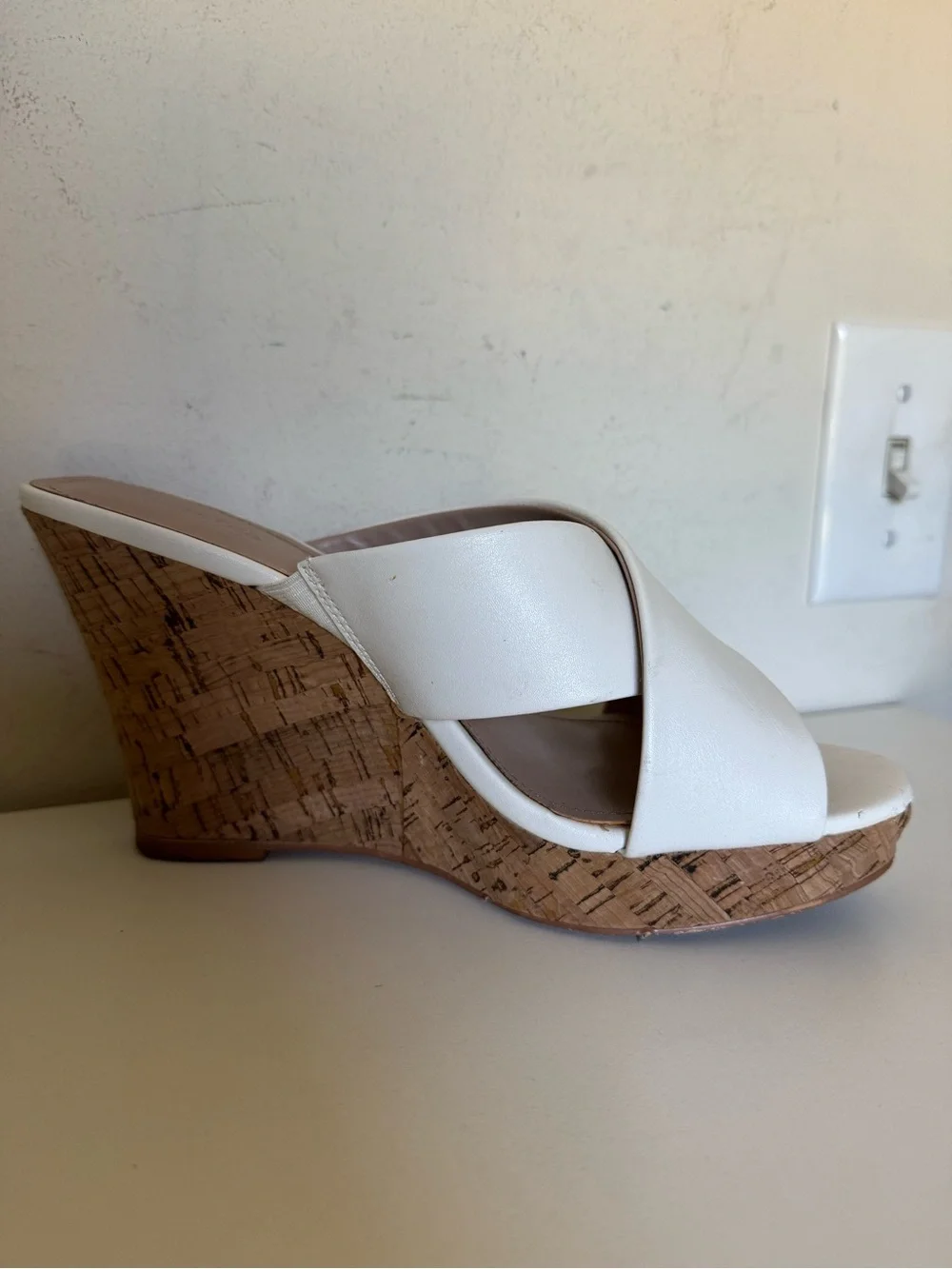Charles David White Crisscross Cork Platform Wedge Sandals